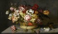 Bosschaert Ambrosius Blumen in einem Korb mit einer Nelke einer Rose und einer Eidechse auf einem Tisch